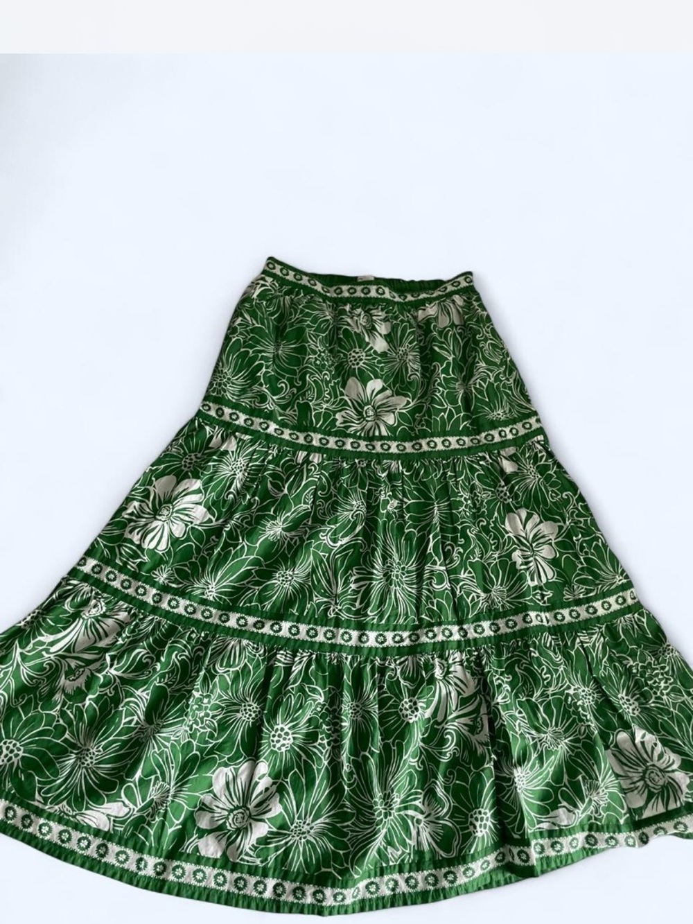 100% Cotton Green Floral Tiered Maxi Skirt